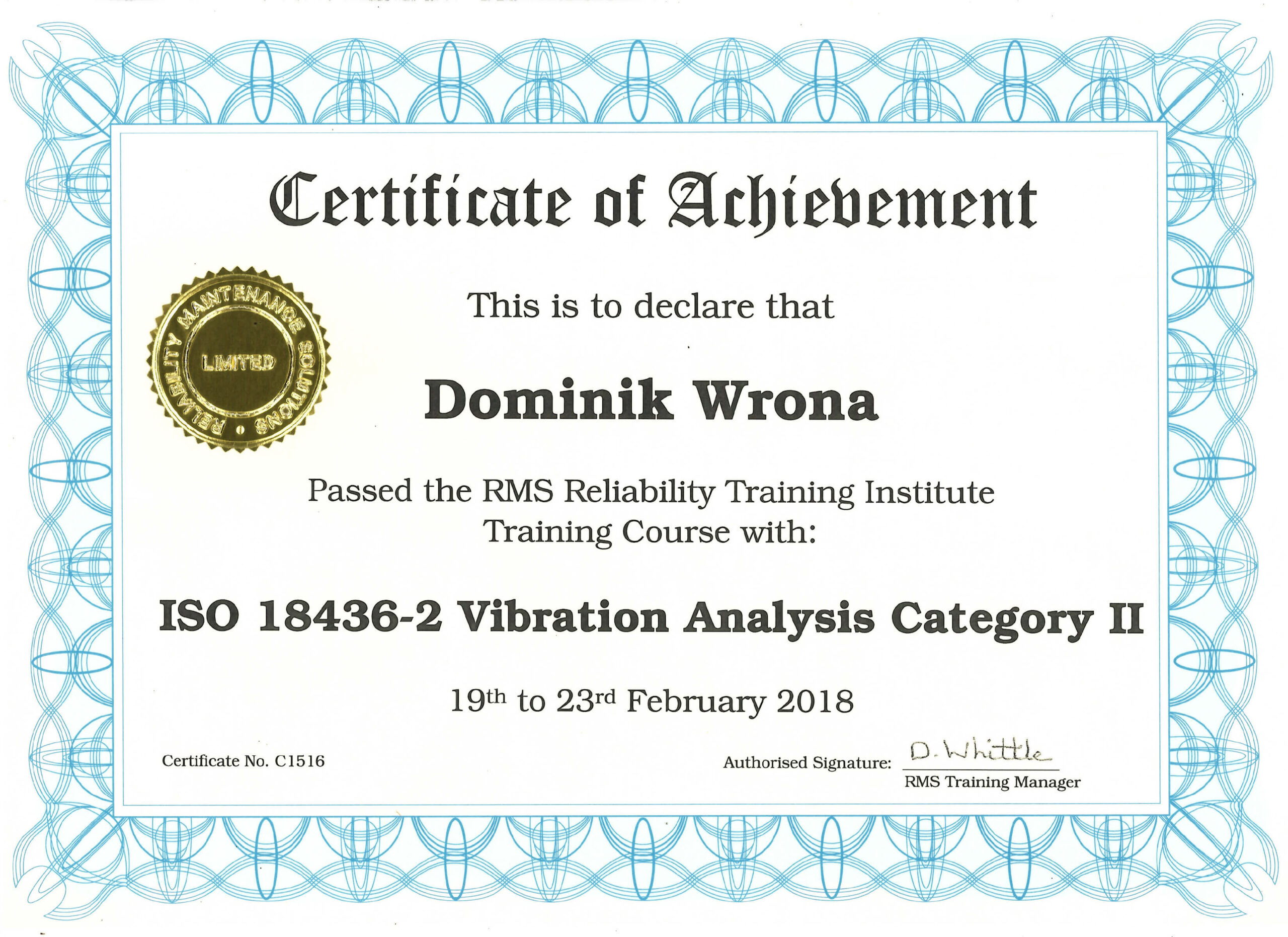 certyfikat Vibration Analysis CAT II